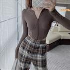 Hooded Zip-up Cropped T-shirt / Plaid Wide-leg Pants