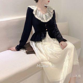 Long-sleeve Mock Two-piece Lace Trim Midi A-line Dress