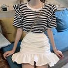 Striped Short-sleeve T-shirt / Ruffle Hem Mini Pencil Skirt