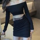 Long-sleeve Off-shoulder Fringed Cutout Mini Bodycon Dress