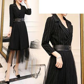 Mesh Panel Striped 3/4-sleeve Midi Dress