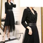Mesh Panel Striped 3/4-sleeve Midi Dress