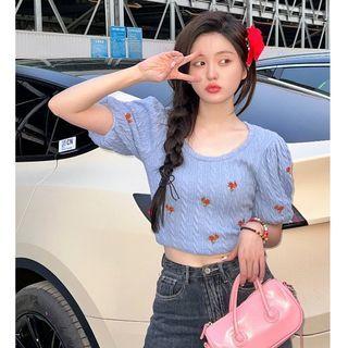 Flower Embroidered Knit Top Blue - One Size