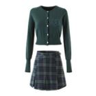Cardigan / Plaid Pleated Skirt