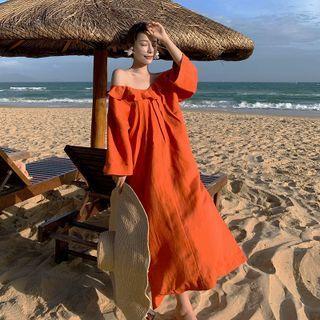 Long-sleeve Off-shoulder Maxi Shift Dress