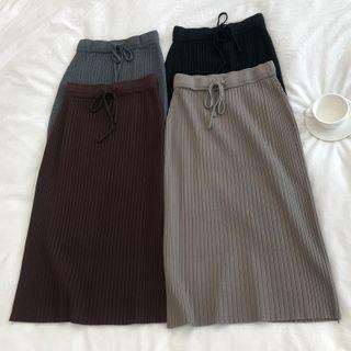 Plain Drawstring-waist Midi Knit Skirt