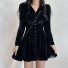 Long Sleeve V-neck Button-up Velvet Mini A-line Dress