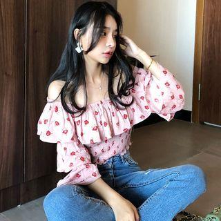 Off-shoulder Floral Print Smocked Blouse / Mini Sheath Dress
