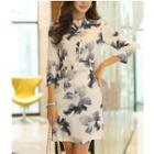 Floral Print 3/4 Sleeve Stand Collar Dress