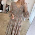 Long-sleeve Flower Print Maxi A-line Dress Flower - Pink - One Size