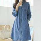 Stitched A-line Midi Denim Shirtdress Dark Blue - One Size
