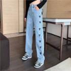High Waist Heart Print Washed Loose Fit Jeans