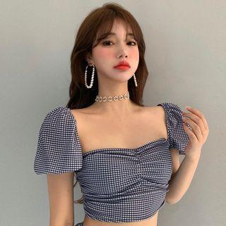 Gingham Short-sleeve Crop Top As Shown In Figure - One Size