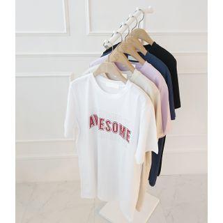Letter Print Rhinestone-trim T-shirt