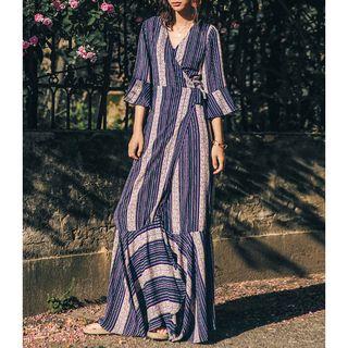 3/4-sleeve Print Maxi Wrap Dress
