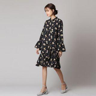 Ruffle-sleeve Floral Print Midi Dress