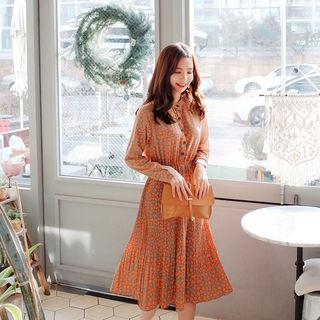 Half-placket Pleated Patterned Dress