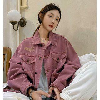 Lettering Denim Jacket Pink - One Size