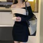 Long-sleeve Off-shoulder Two-tone Mini Knit Bodycon Dress Black - One Size
