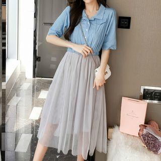 Denim Panel Elbow-sleeve Dress