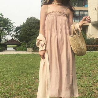 Lace Trim Pleated Midi Spaghetti Strap Dress