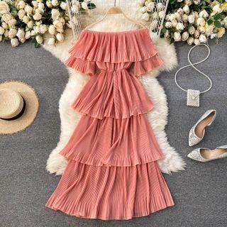 Short-sleeve Off Shoulder Tiered Maxi Dress