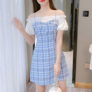 Puff-sleeve Cold Shoulder Plaid Frill Trim Mini Sheath Dress