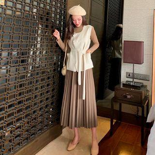 Set: Mock Neck Top + Vest + Midi Pleated Skirt