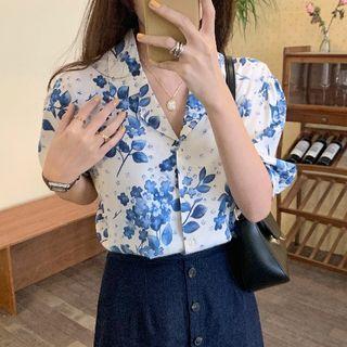 Puff-sleeve Flower Print Blouse / Midi Pencil Skirt