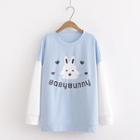Rabbit-print Panel Sleeve Round Neck Pullover Blue - One Size