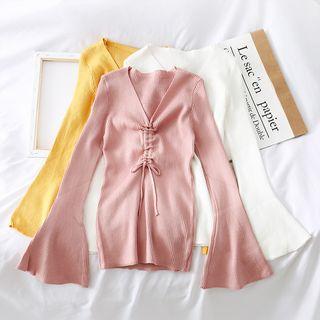 Bell-sleeved Drawstring Knit Top