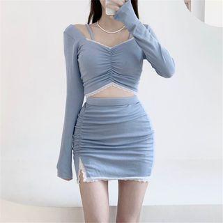 Set: Long-sleeve Lace Trim Tankini Top + Swim Skirt