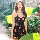 Floral Embroidered Spaghetti-strap Swim Dress