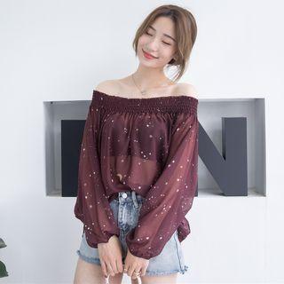 Off-shoulder Long-sleeve Star Print Chiffon Top