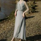 3/4-sleeve Embroidered Paneled Midi A-line Dress