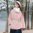 Set: Faux Fur Coat + Belt With Belt - Pink - One Size