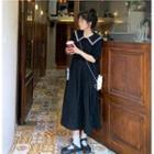 Sailor-collar Contrast-trim Button-up Dress Black - One Size
