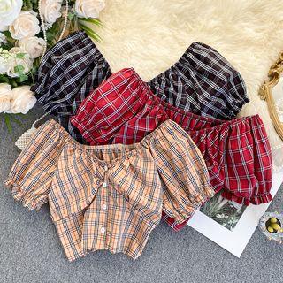 Short-sleeve Plaid Cropped Blouse
