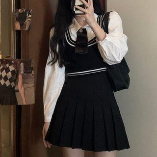 Sweater Vest / Plain Shirt / Neck Tie / Pleated Skirt / Set