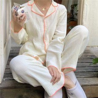 Loungewear Set : Contrast Trim Long-sleeve Shirt + Pants White & Pink - One Size