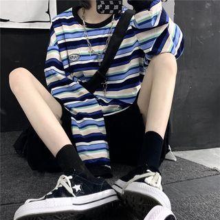 Long-sleeve Lettering Embroidered Striped T-shirt Light Blue - One Size