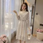 Long-sleeve Mock-neck Tie-waist Lace Dress