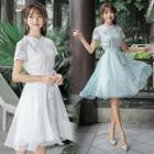 Short-sleeve Mesh Panel A-line Lace Qipao