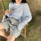 Long-sleeve Striped T-shirt / High-waist Drawstring Wide-leg Shorts