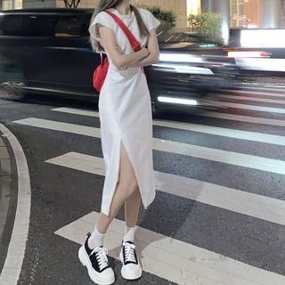 Short-sleeve Plain Slit T-shirt Dress