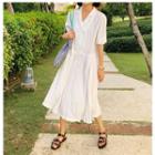 Short-sleeve Lapel Collar Double-breasted Pleated Chiffon Dress