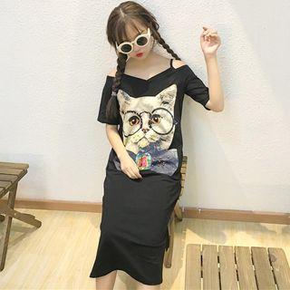Cat Print Cut Out Shoulder Elbow Sleeve T-shirt Dress