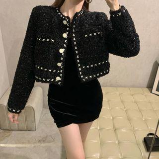 Long-sleeve Mini Sheath Velvet Dress / Tweed Jacket