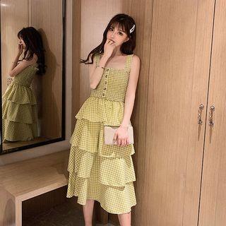 Sleeveless Plaid A-line Midi Tiered Dress