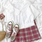 Short-sleeve Plain Blouse / Plaid A-line Mini Skirt